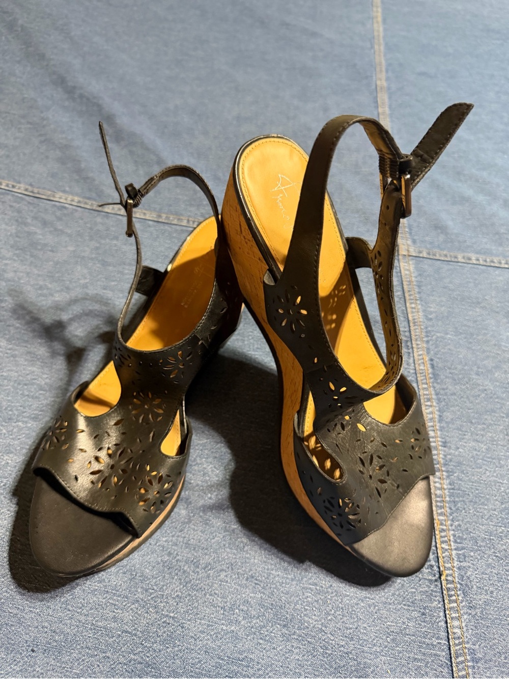 Franco Sarto Black Laser-Cut Wedge Sandals